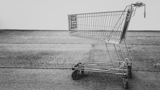 Monochrome image of a shopping cart, contrasting black and white colors.